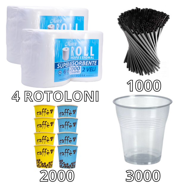 OFFERTA BAR - 2000 Bicchieri Caffè - 3000 Bicchieri 180cc - 1000 Cannucce 13/21 cm - 4 rotoloni 1,3 kg