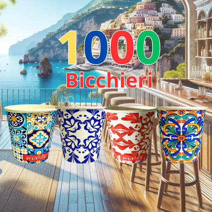 1000 Pz Bicchieri Caffe di Carta fantasia AMALFI - Biodegradabili Biocompostabili Tazzine 75 ml - Made in Italy