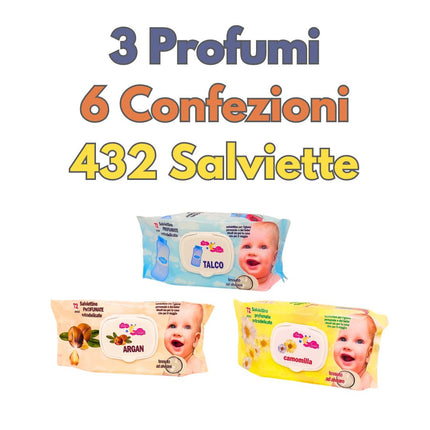 Salviette neonato igienizzanti umidificate per igiene personale e per bambino - Talco Argan Camomilla - 432 Salviette extra delicate struccanti con tessuto ad alveare